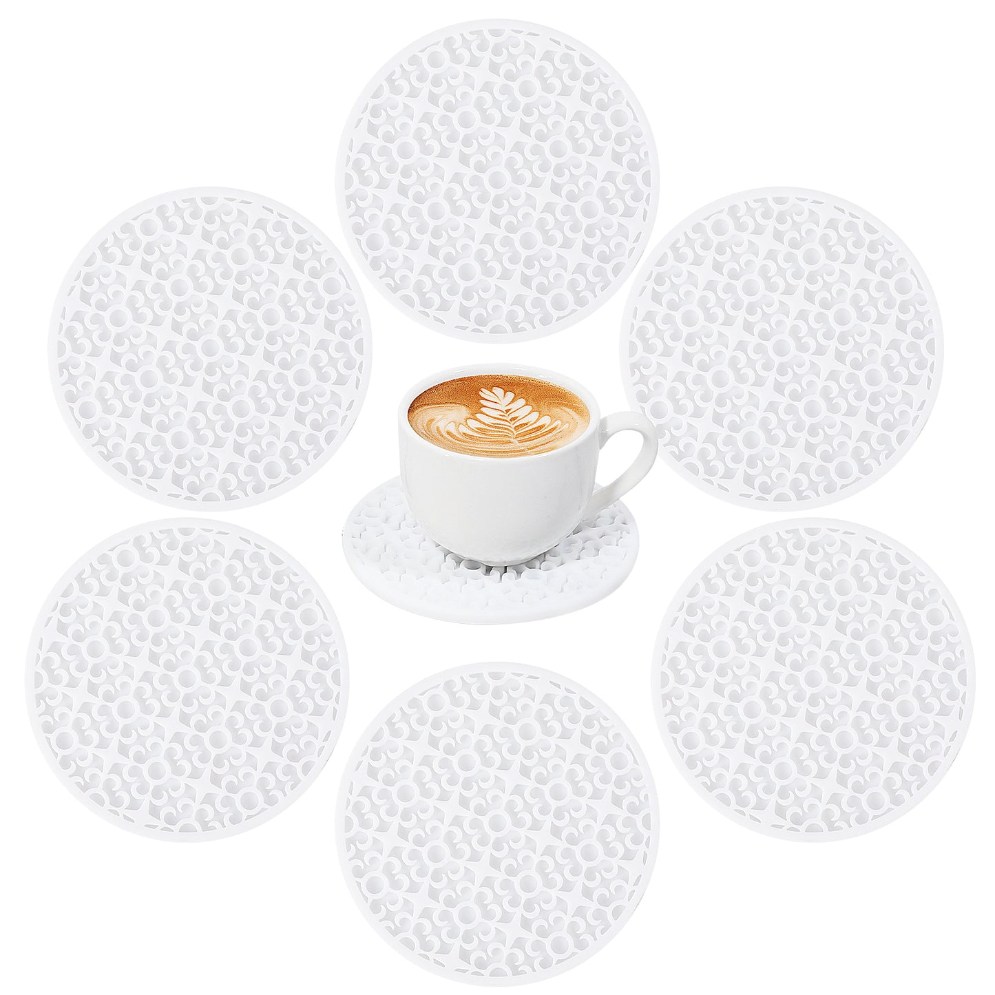 White Coasters for Drinks, Silicone Coasters Set of 6, Drink Coasters for Coffee Table, Coasters for Home Office Coffee Bar Table