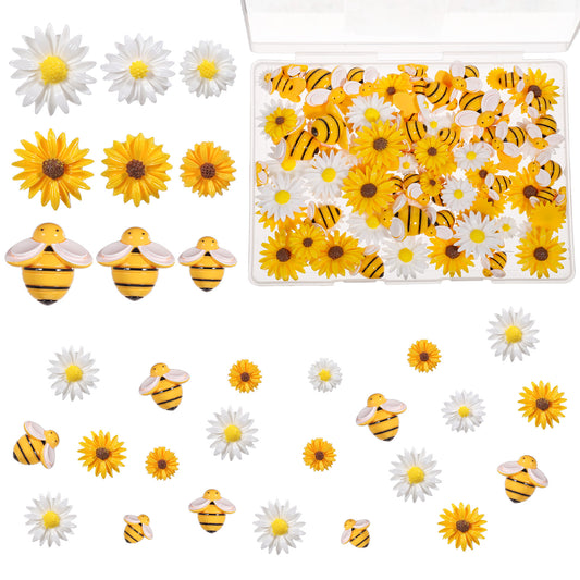 100Pcs Resin Bees Daisy Flowers Decor Bumblebee Embellishment Bees Flatback Bumble Sunflower Bee Charms Decorations with Storage Box for DIY Craft Scrapbooking Wreath Party Home Decorations, 3 Sizes