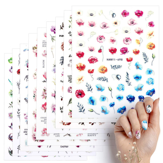 9 Sheets Flower Nail Art Stickers, 3D Embossed Spring Flower Nail Art Stickers Decals Flower Nail Stickers for Nail Art Floral Nail Stickers Nail Decals Flower Nail Decals Nail Tattoos for Nail Art