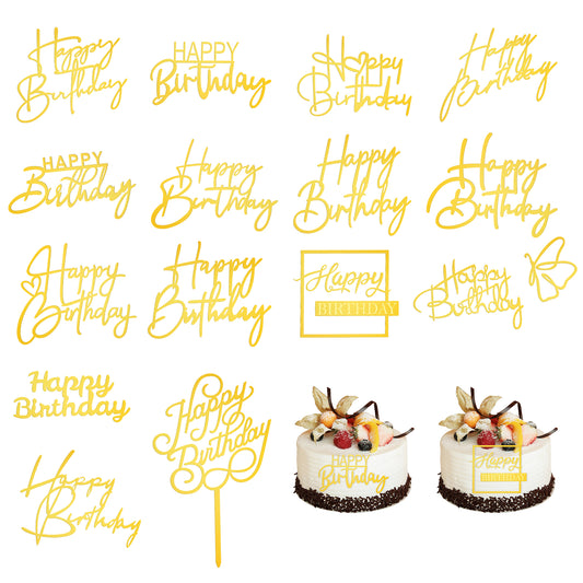 Gold Happy Birthday Cake Topper, 15 PCS Mirror Acrylic Cake Toppers Happy Birthday Sign for Girls Gold Acrylic Cake Inserts Golden Cupcake Toppers Side Cake Decorations for Birthday Party Cake Dessert