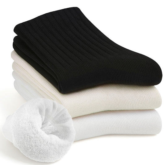 Thick cotton Socks for Women, Hiking Thermal Warm Autumn Winter, Comfy, Slouch Crew, Cozy, Warm Athletic Socks, Crew Cushion Work Socks, 3 Pairs, Black & White & Beige