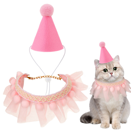 Pink Cat Birthday Hat Scarf Set Cat Bandana Cat Princess Costumes Cute Lace Bandana Bib Scarf Cat Birthday Costume Accessories Pink Birthday Outfit for Cats Puppy and Small Dogs