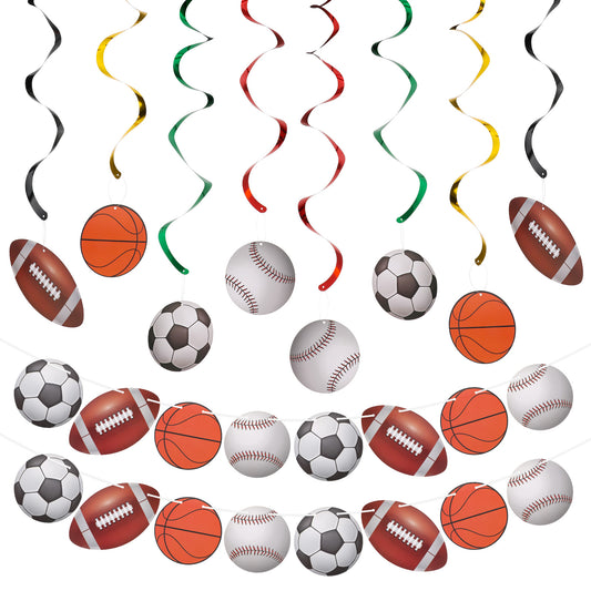 18PCS Sports Themed Party Decorations, Birthday Party Supplies, 2 Sports Theme Banner and 16 Hanging Swirl, Happy Birthday Party Hanging Decorations, Soccer, Basketball, Baseball Spiral Charm