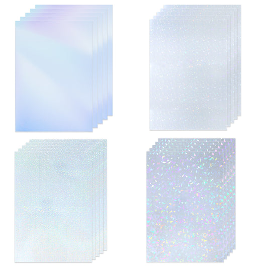 Holographic Sticker Paper, 20 Sheets A4 Size Clear Glitter Vinyl Self-Adhesive Holographic Overlay Laminate Sheets 11.61×8.26 Inch Transparent Laminate Film Stickers for DIY Crafts, 4 Patterns