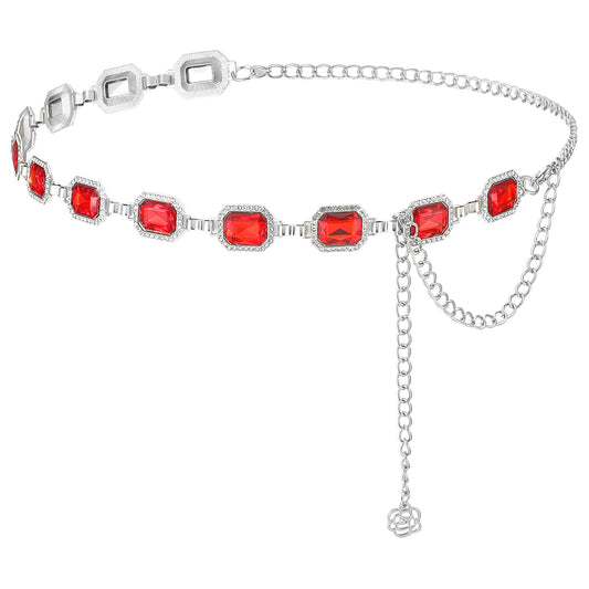 Trinkrittey Red Chain Belt for Women, Western Metal Belt Rhinestone Cowgirl Waist Chain for Dresses Jeans