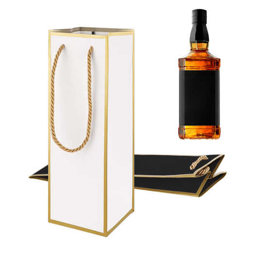 4"X4"X11" Wine Gift Bags 2 PCS Luxury Wine Bottle Gift Bags, Reusable Liquor Bag with Gold Foil Print, Gold Foil Black WineBags for Party Wedding Party Whiskey Spirits Bag Small Bottle, Black White