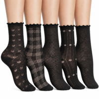 Qulkws 5 Pairs Women's Ruffle Socks Lace Cotton Casual Crew Socks Thin Black Frilly Cute Ankle Sock Breathable Womens Dress Sock