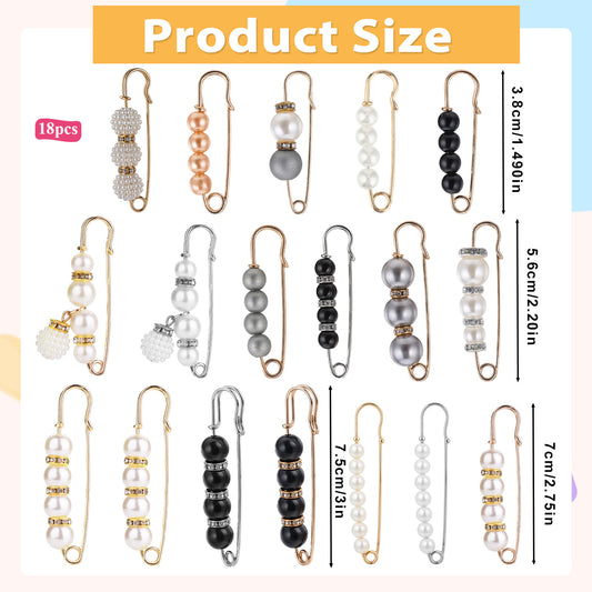 18 Pieces Pearl Brooch Pins, Decorative Safety Pins for Clothing Fashion Brooch Pins for Women Charm Pins for Socks Faux Pearls Brooch Clothing Dresses Shoes Decoration Accessories with Storage Box