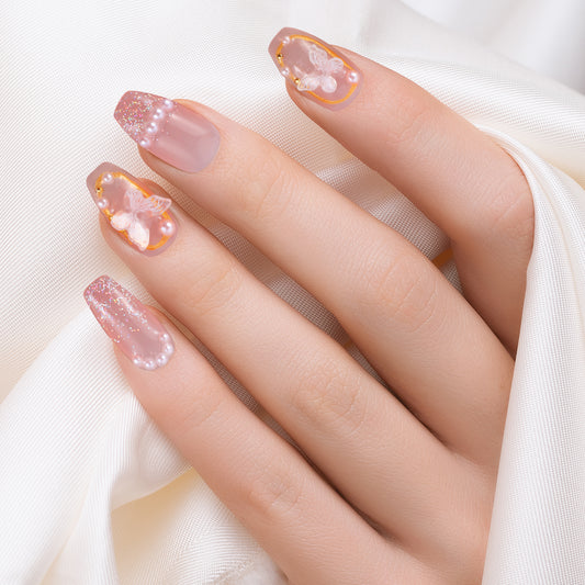 24 Pcs Pink Butterfly Press on Nails Press on Full Cover Fake Nails with Jelly Gel Glossy Butterfly Press on Nails for Women