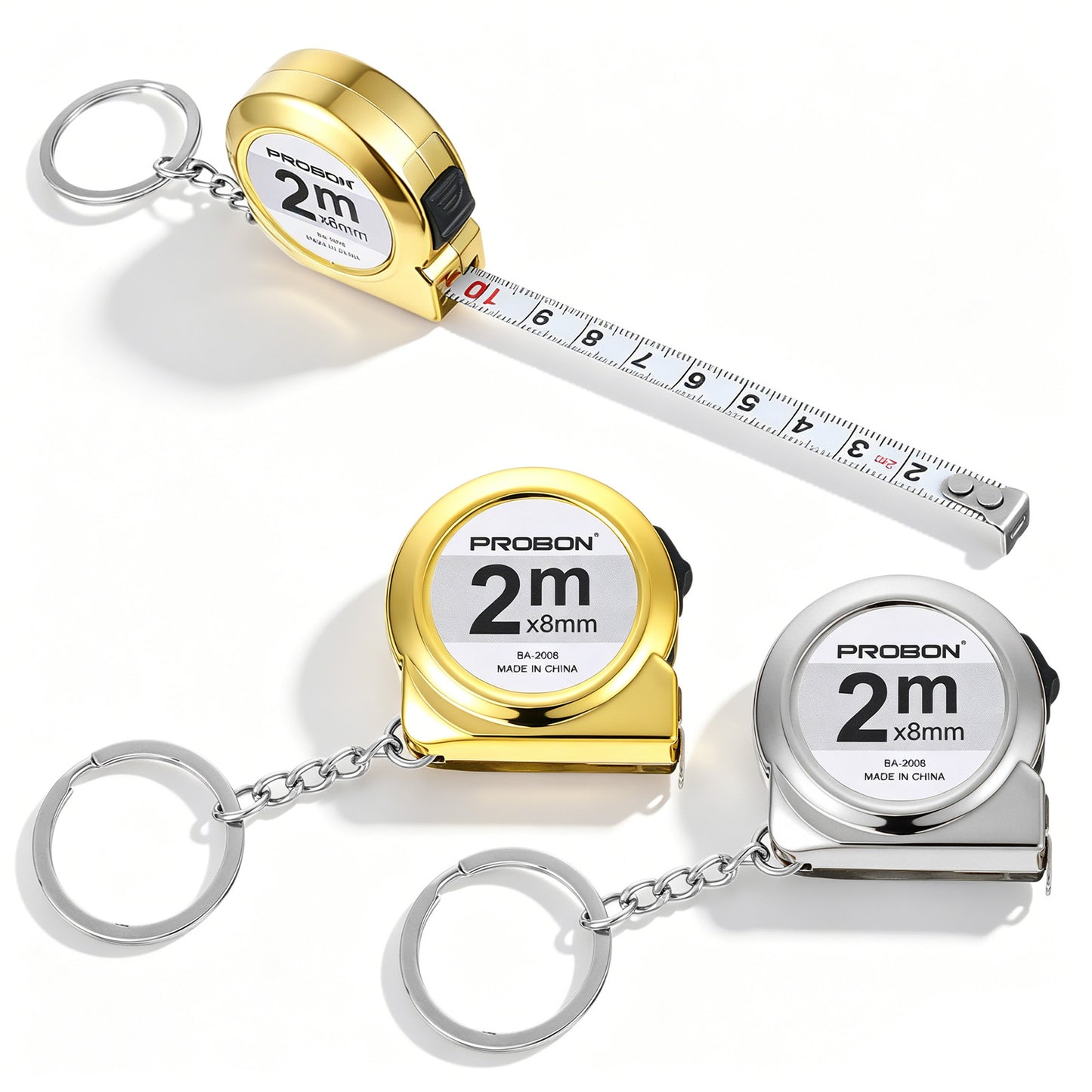 Mini Tape Measure, 2 Pcs 2M Retractable Stainless Steel Measurement Tape Clear Markings Portable Mini Measuring Tape with Keychain for Home, Office, Sewing, DIY Projects (Gold, Silver)