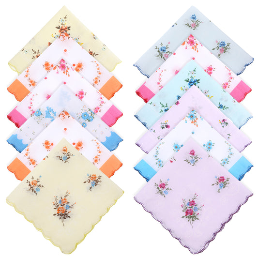 Fyntave 12 Pcs Ladies' Vintage Floral Handkerchiefs 11.8 inch Embroidered Handkerchiefs Soft Polyester Ladies Hankies Sweat Handkerchief Wavy Edge Fabric Hanky for Women Ladies Wendding Tea Party