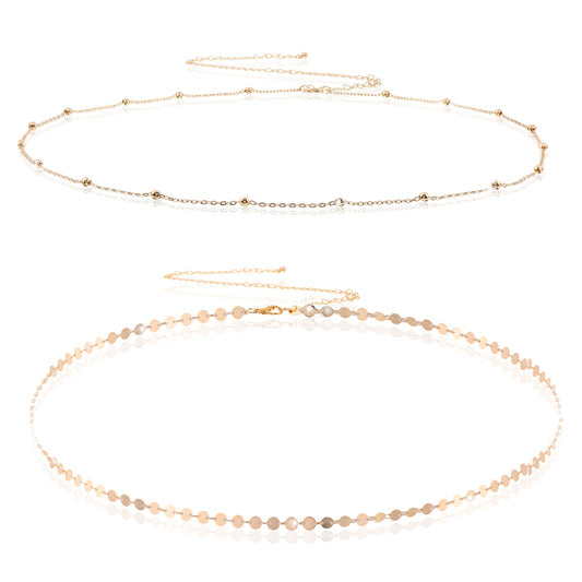 Gold Waist Chain, 2 Pcs Adjustable Metal Link Belly Chain Waterproof Bikini Waist Beads Coin Satellite Beads Body Chain Jewelry for Women