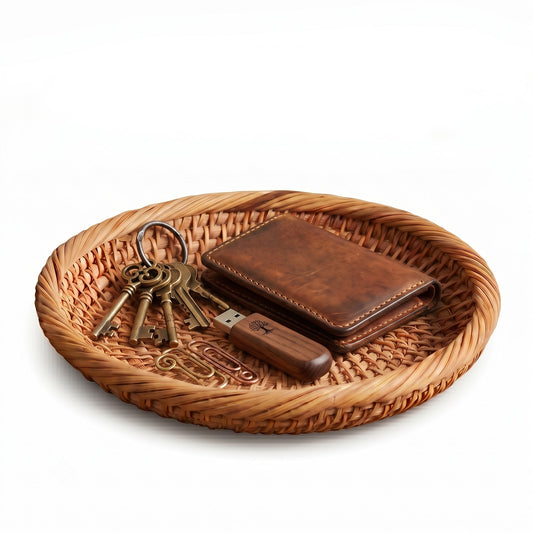 Bruislard Rattan Keys Caddy Tray Round Rattan Storage Baskets