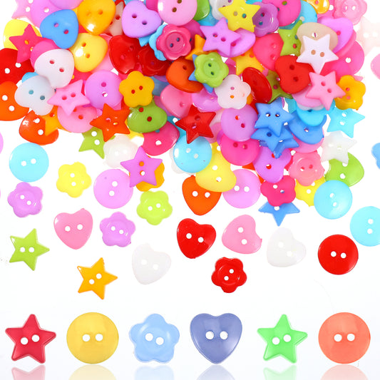200 PCS Craft Buttons for Sewing Colorful Buttons 15mm Mix Buttons Round Heart Star Flower Buttons Small Buttons for Crafts Handmade Ornament Sewing Fasteners Buttons for DIY Painting Decoration