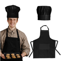 Chef Apron Hat Set Cotton Kitchen Apron with 2 Pockets Adjustable White Baker Costume Adult Chef Hat Chef Apron for Men Women (Blcak)