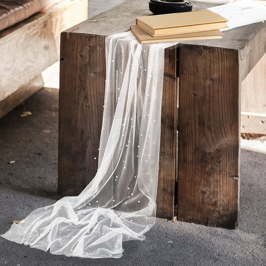 White Pearl Table Cloth Spring Summer Table Runner Tulle Fabric Lace Tablecloth Wedding Tables Runner Decor Chiffon Tables Cover 31.5x120 Inches for Bridal Shower Birthday Party Wedding Arch Veil