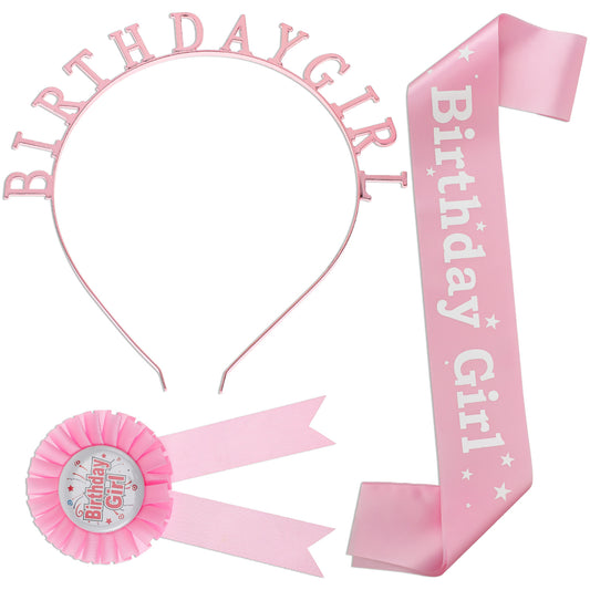 3Pcs Birthday Sash for Women, Birthday Rhinestone Headband Happy Birthday Accessories Pink Crown and Award RibbonBirthday Decorations Set for Birthday Party Decorations