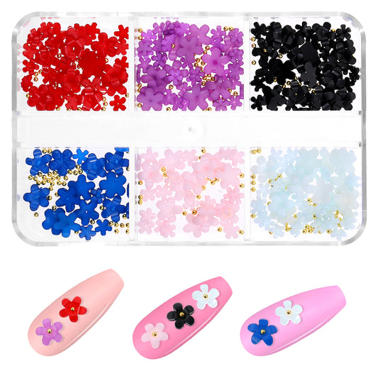 Colorful 3D Flower Nail Charms with Metal Golden Round Beads 6 Colors 3D Acrylic Nail Flowers Rhinestone for DIY Nail Art Accessories