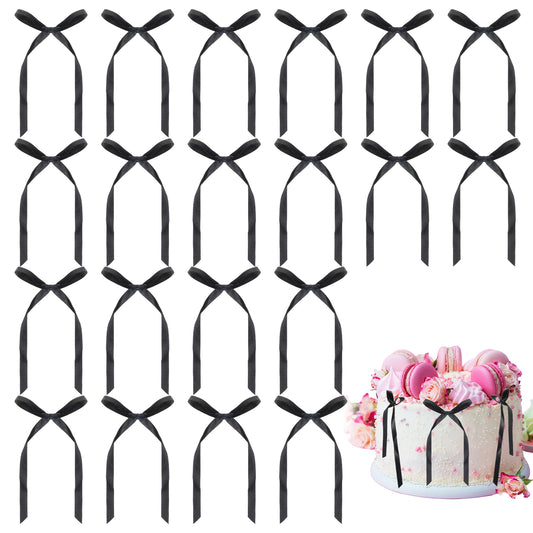20 Pcs Black Bow Cake Toppers Ribbons Bowknot Decoration Happy Birthday Cake Toppers Bridal Dessert Picks for Wedding Party Anniversary Supplies