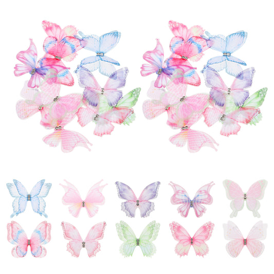 20pcs Organza Fabric Butterflies for Crafts, 3D Double Layer Butterfly Appliques, 1.77in Colorful Mini Butterflies for Wedding Party Home Wall Decor
