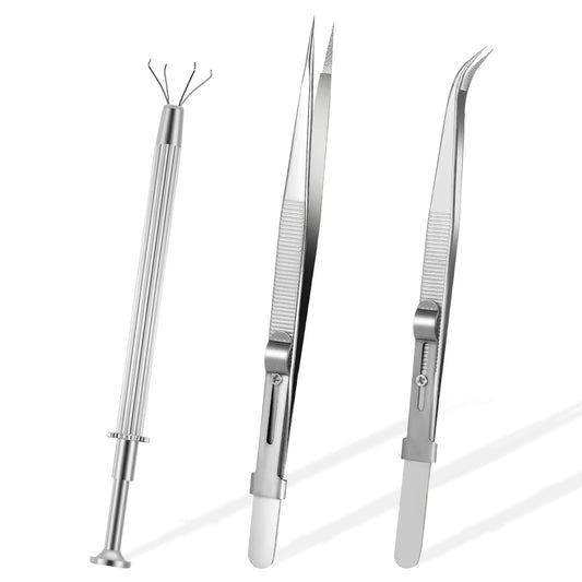 3PCS Diamond Tweezers Holder Pick up Tool, Piercing Ball Grabber Tool Diamond Tweezers Precision Stainless Steel Gem Stone Jewelry Locking Tweezer for Jewelry Making Tiny Objects Electronic Components