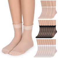 Xyembu 12 Pairs Women's Sheer Ruffle Socks with Polka Dot, Summer Cool See Through Thin Stocking, Cute Frilly Silk Ankle Socks
