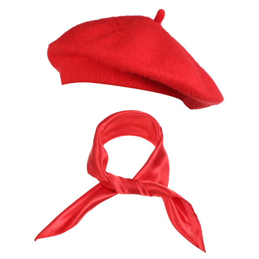 FdcZeyxior Red French Beret Hat and Scarf Set for Women Red Classic Beanie French Themed Party Costume Accessory for Halloween, Christmas or Outside Events
