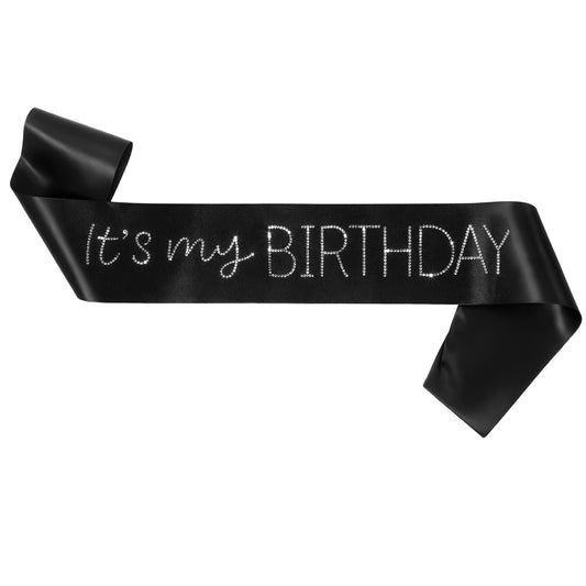 'It's My Birthday' Glitter Sash, Black Satin Birthday Sash with Glitter Rhinestones 25th Birthday Sashes for Women 16th, 18th 21st 30th 40th 50th or Any Other Bday Party Decorations