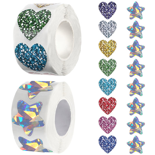 1000 Pcs Holographic Silvery Star Stickers and Colorful Heart Sticker, 2 Roll Self Adhesive Sparkly Star Stickers for Kids and Glitter Heart Sticker for Home School Teacher Birthday Party Wedding