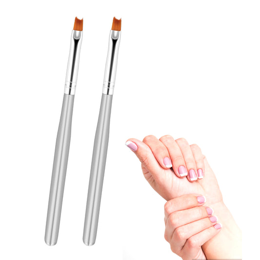 2 Pcs Oblique Head French Tip Nail Brush, Professional French Manicure Brush, Silver Handle UV Gel Acrylic Painting Drawing Pen, Manicure Tool(Silver)