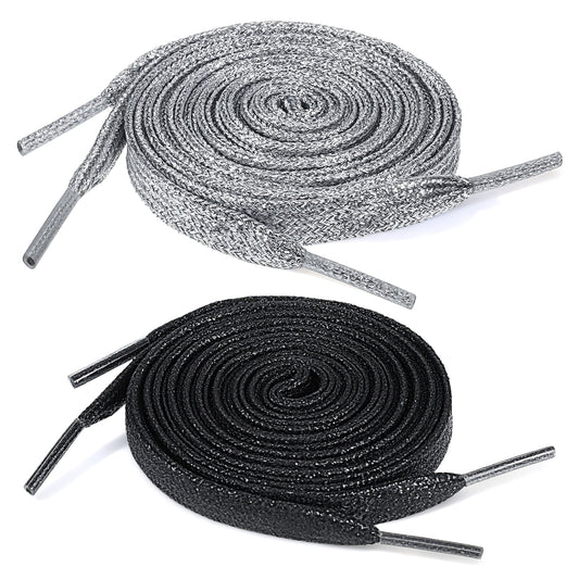Glitter Shoe Laces, 2 Pairs 51" Long Flat Bling Shoelaces Shinny Metallic Shoe Strings for Sneakers Drawstring Cords Replacement for Women Men Boots Skates Sport Shoes (Silver, Black)
