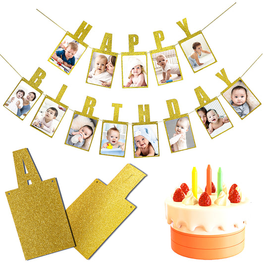 Birthday Photo Banner, Birthday Decorations Photo Banner for Kids and Adults Girls Birthday Party Decoration, Milestones Golden Happy Birthday Banner