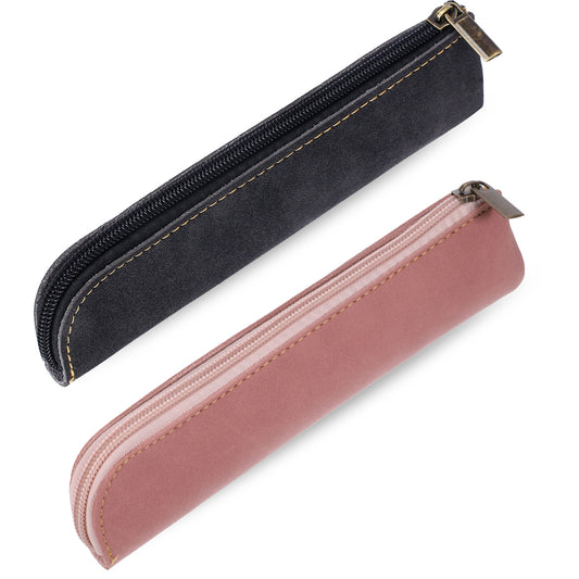 Leather Pencil Pouch, 2 Pcs Slim Pencil Case Portable Small Pencil Pouch Soft Flat Pen Bags with Zipper Simple Makeup Bag Lipstick Case for Women Men Home, Office, Travel Outdoor (Black, Pink)