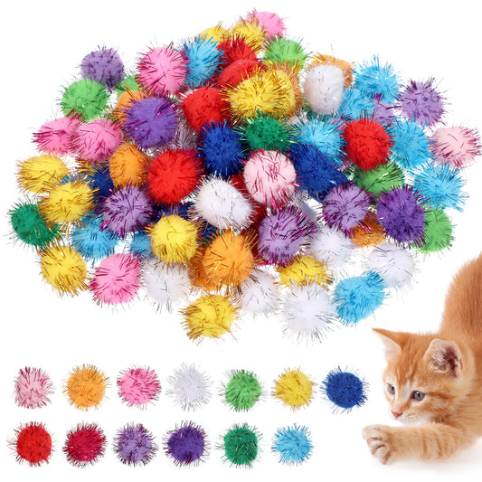 100 Pack Assorted Color Sparkle Balls Cat Pom Pom Balls Interactive Small Cat Toys Soft Cats Puff Ball Glitter Tinsel Fuzzy Ball for Creative Crafts Decorations, Exercise and Entertainment, 2.5cm