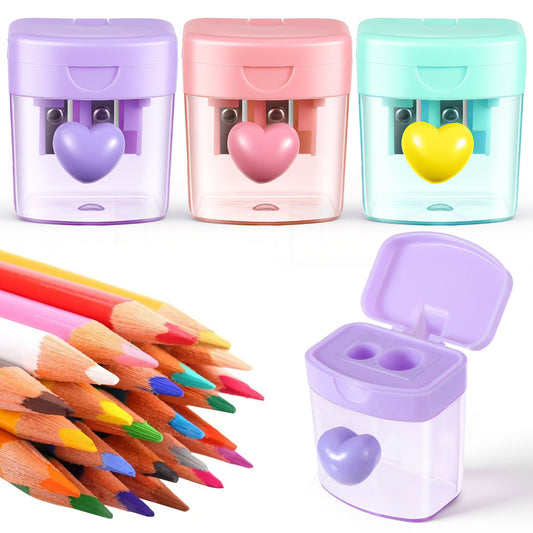 3 PCS Heart Pencil Sharpeners, 2 Holes Handheld Small Manual Pencil Sharpener with Lid Crayon Colored Pencils Sharpener for Classroom Office Supplies