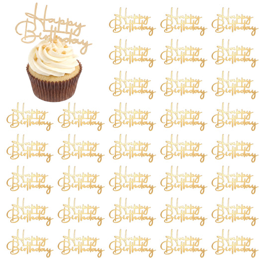 30 PCS Gold Happy Birthday Cake Toppers, Happy Birthday Cupcake Toppers, Mirror Acrylic Cupcake Topper, Happy-Birthday Cakes Sign Decorations, Cake Side Decorations (7x3.8cm)