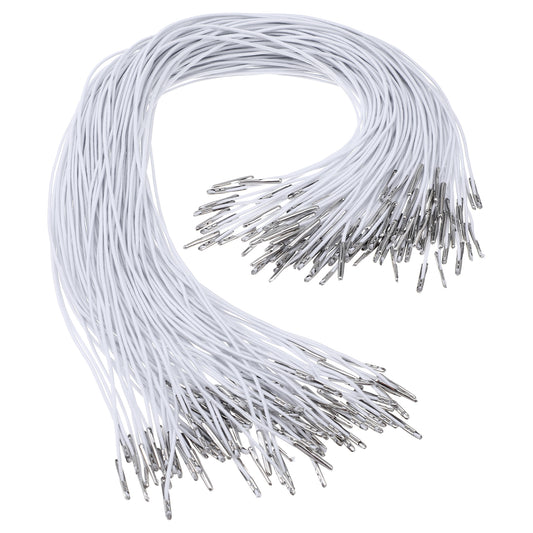 100 PCS Elastic Barbed Cord, 37cm/14.5 Inch Elastic Cords with Metal Barbs Fastener Ends Round Loop Stretch Loop Band, Hat Chin Cords Strap for Party Mask Making DIY Hat Menus Badges Signs (White)