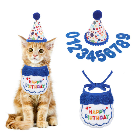 Cat Birthday Party Supplies Cat Birthday Hat With Numbers Cat Kitten Birthday Bandana Pet Birthday Decorations Outfits For Cat Kitten Birthday Party Decorations(Blue)