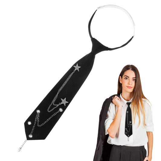 FdcLixuvol Black Tie for Women, Punk Womens Tie with Metal Chain Adjustable Pre-Tied Necktie Punk Goth Ties for Girls School Uniform Shirt Accessory Cosplay Prom Casual Party