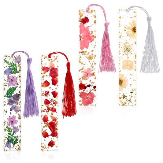 Flower Bookmark, 4 Pcs Clear Resin Dried Flower Bookmarks Cute Handmade Floral Bookmark with Tassels Fancy Aesthetic Bookmarks Reading Accessories for Women Teacher Book Lovers (4 Styles)