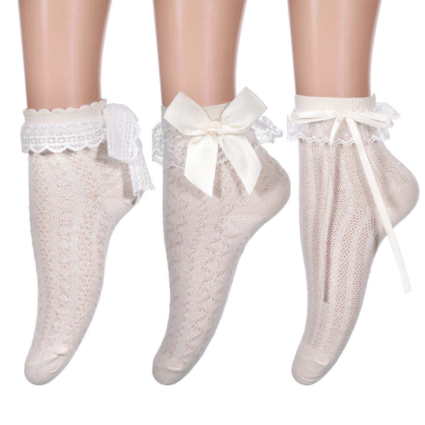 Xthrotsenk 3 Pairs Frilly Socks Women, Ruffle Ankle Socks Cute Ruffles Sock Beige Lace Sock Women Cream Lolita Princess Bow Breathable for Birthday and Holiday Gifts for Ladies Gril