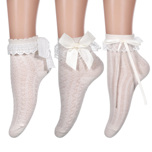 Xthrotsenk 3 Pairs Frilly Socks Women, Ruffle Ankle Socks Cute Ruffles Sock Beige Lace Sock Women Cream Lolita Princess Bow Breathable for Birthday and Holiday Gifts for Ladies Gril