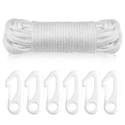 15M x 6MM Nylon Flag Pole Rope with 6 Pcs Flags Pole Clips, Flag Halyard Kit for Flagpole, Garden, Camping, Swing, Clothesline