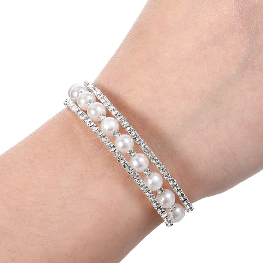 Gtziqa Pearl Bracelets for Women, 2 Pcs Faux Pearl Silver Cuff Bracelet Adjustable Multi Layered Rhinestone Wrap Bracelet for Brides Bridesmaid Wedding Jewelry