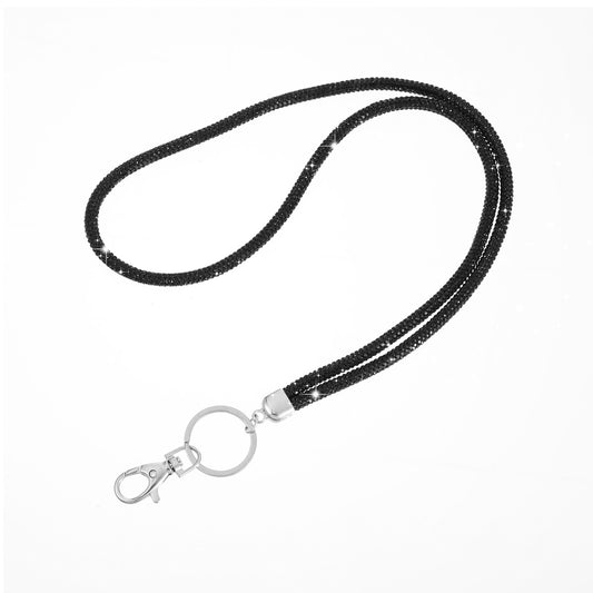 Fashion Rhinestone Lanyard, 31.5'' Black Bling Lanyards for Women with Metal Clasp & Keyring, Round Crystal Neck Strap Lanyard Rhinestone Necklace Work Name Badge Clip for Id Card Keys Strap, Black