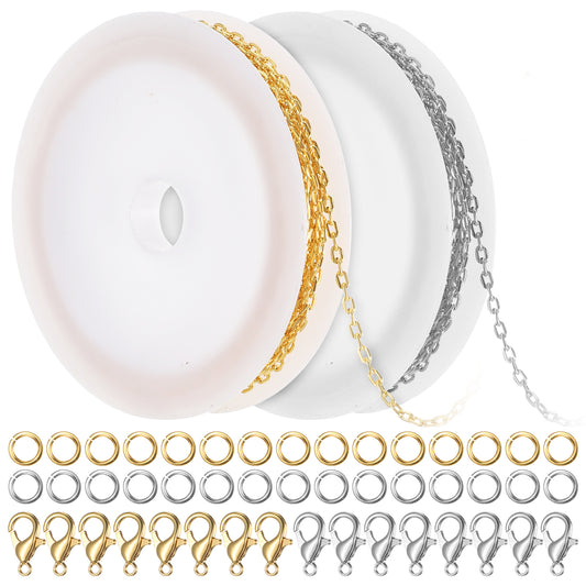 20 Feet Chain for Jewelry Making, 3 mm Necklace Chains Roll Metal Chain Necklace with Lobster Clasps and Jump Rings for DIY Bracelet Earring Craft Supplies Craft Jewelry Findings (Silver, Gold)