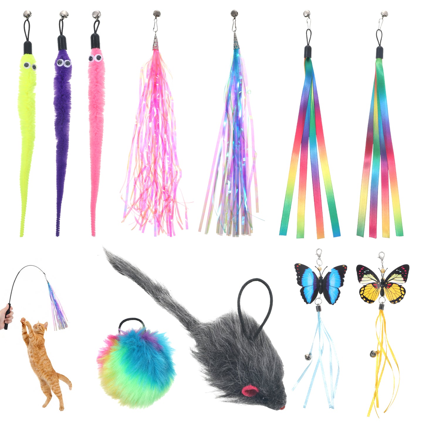 Xelsluthe 11 PCS Cat Wand Toy, Cat Feather Toy, CatWand Attachment Toys, Cats Feather Toys and Attachment Replacements for Interactive Play with Indoor Cats