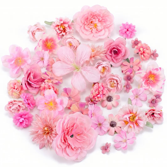 Artificial Flowers Heads, 48 PCS Mini Faux Silk Flower Heads for Crafts Pink Artificial Small Fabric Flowers Assorted Rose Peony Daisy Wildflowers for DIY Crafts,Wedding,Baby Shower,Party Decorations
