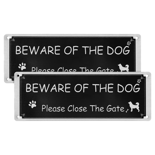 2 Pack Beware of Dog Sign, Aluminum Keep Gate Closed Sign Weatherproof Beware of Dog Signs for Fence or Gate, Yard Garden Indoor Outdoor, 9.8 x 3.5 Inches, Black