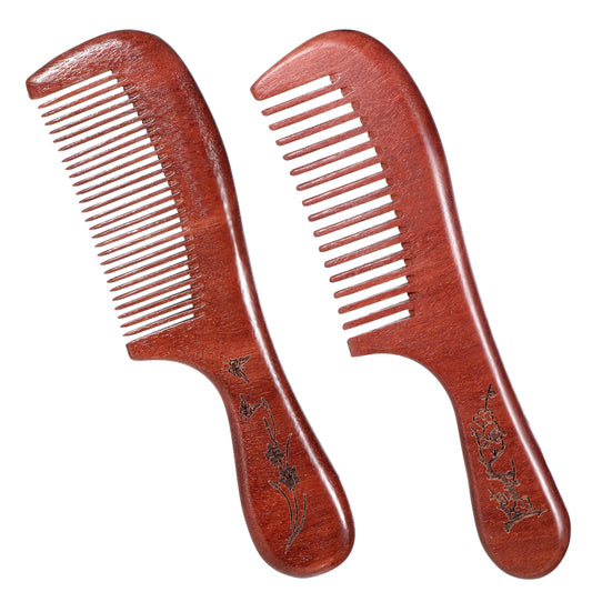 2 PCS Wooden Comb, Natural Sandalwood Comb Anti-Static Wooden Comb for Women Detangling Wide Tooth Comb for Curls and Hand Made Fine Tooth Hair Comb for Men Hair Growth Straight Wet Dry Hair